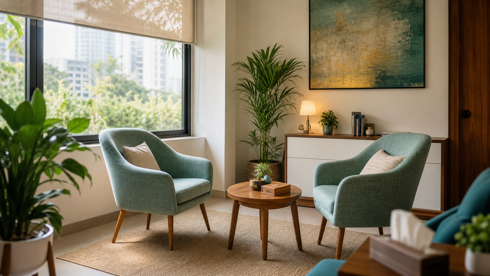 A calm counselling room with comfortable chairs, plants, and warm daylight